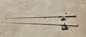 lot 2017 image: 2 Fishing Poles and Reels - 8ft Whuppin Stick with Cabella King Kat KK55 with Spider Wire and Shakespeare 8ft Pole with Shakespeare Reel SF50A with Monofilament Line