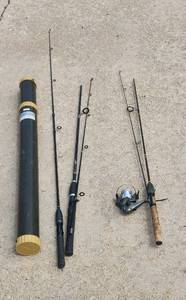 lot 2018 image: 3 Fishing Poles - Berkley Lighting Rod 6.6 with Shakespeare CS 35 Reel, Shakespeare Rod 5.6 SPWA 2056 and Rhino Indestructible Reinforced Graphite Core RN566MW GWAG 6.6 and Mighty Tuff Rod Case