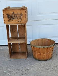 lot 2055 image: Wood Box The Classic  by Evans 1994 16x9x10.5 - Wood Crate 27x13.5x9.5 - Wood Bushel Basket 18.5