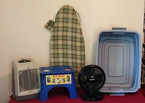 lot 2063 image: Holmes Heater Model HFH5606 - Holmes Fan HAOF-86 - Foldable One Step Stool - Small Portable Ironing Board - Rubbermaid Tote (Perfect items for RVs or College Dorms))