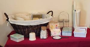 lot 2064 image: Laundry Basket and Bag - Trash Can - Corner Wire Shelf - Bathroom Brush Holder - Empty Tins & Plastic Bins - Mirror & More