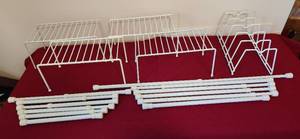 lot 2066 image: Twist an Fit 12 Rods - 6 each 16to 28 - 6 each 10 to 16 - 4 White Coated Wire Shelfs 10.5x5.5 - 1 White Coated Storage lidplate Holder