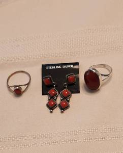 lot 529 image: Navajo Sterling Red Coral Earrings and (2) 925 Silver Rings