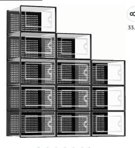 lot 53841 image: Kuject Large Shoe Organizer Storage Boxes for Closet, Fit Size 11, Clear Plastic Stackable Sneaker Containers Bins with Lids, Great Substitute for Shoe Rack, Space Saving for Entryway, Black, 12 Pack