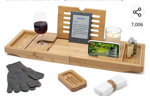 lot 53855 image: Temple Spring Bath Caddy - Extendable Bath Tray for Bathtub with Candle, Wine Glass, Book, iPad & Phone holders - Adjustable Bath Table shelf over tub with bathroom accessories - (Bamboo Natural Wood)