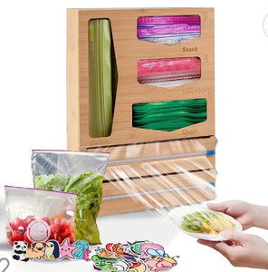 lot 53856 image: KitchenStamp Ziplock Bag Organizer for Drawer (2023), 6 in 1 Foil and Plastic Wrap Organizer, Compatible with Ziplock, Glad, and Hefty Bags & 12 Aluminum Foil and Plastic Rolls (17.4 x 13.3 x 3.5)