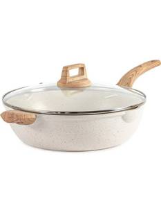 lot 53973 image: CAROTE 6 Qt Deep Frying Pan, Nonstick, Cream White