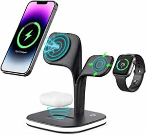 lot 54008 image: Magnetic Charging Station, EXW 5 in 1 Fast Mag-Safe Wireless Charger Stand for iPhone 14,13,12 ProMaxMiniPlus, Apple Watch 876SE5432 and Airpods 32ProPro 2 with LED and Adapter ,Black