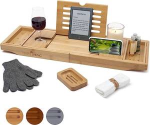 lot 54028 image: Temple Spring Bath Caddy - Extendable Bath Tray for Bathtub with Candle, Wine Glass, Book, iPad &amp Phone holders - Adjustable Bath Table shelf over tub with bathroom accessories - (Bamboo Natural Wood)