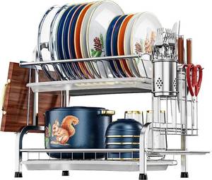lot 54030 image: iSPECLE Dish Drying Rack, 304 Stainless Steel 2-Tier Dish Rack with Utensil Holder, Cutting Board Holder and Dish Drainer for Kitchen Counter