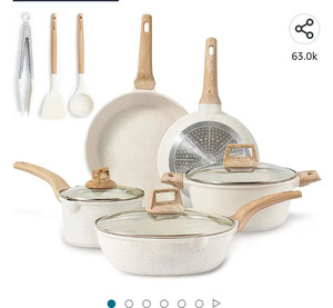 lot 54038 image: CAROTE Pots and Pans Set Nonstick, White Granite Induction Kitchen Cookware Sets, 11 Pcs Non-Stick Cooking Set wFrying Pans &amp Saucepans (PFOS, PFOA Free)