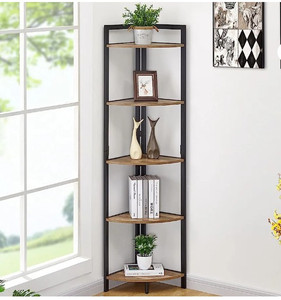 lot 54053 image: FATORRI Industrial Corner Shelf, 5 Tier Tall Corner Bookshelf, Wood and Metal Corner Bookcase (Rustic Oak)