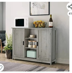 lot 54054 image: iwell Floor Storage Cabinet with 2 Doors and 2 Open Shelves, Wooden Buffet Cabinet, Freestanding Cabinet for Kitchen, Living Room, Hallway, Gray