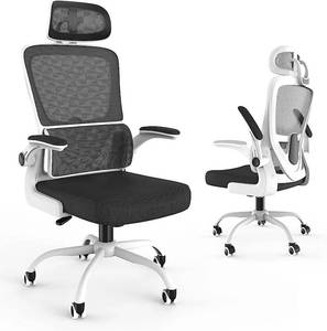 lot 54068 image: aziiey Ergonomic Office Chair Home Office Desk Chairs with Lumbar Support, High Back Mesh Computer Chair with Adjustable Headrest Flip Up Arms for Home Office (White)