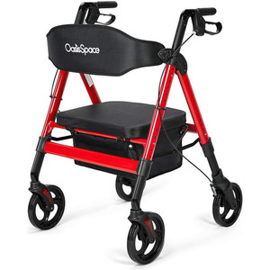 lot 54070 image: OasisSpace Heavy Duty Rollator Walker - Bariatric Rollator Walker with Large Seat for Seniors Support up to 500 lbs (Red)