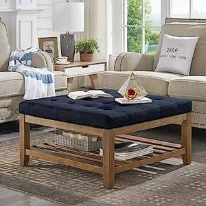 lot 54073 image: 24KF Large Square Upholstered Tufted Linen Ottoman, Large Footrest Ottoman with Solid Wood Shelf- Navy Blue