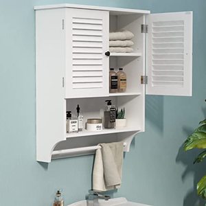 lot 54076 image: ChooChoo Bathroom Wall Cabinet with Towels Bar, 23.6 L x8.9 W x29.3 H MDF Material Medicine Cabinet, 2 Doors Over The Toilet Space Saver Storage Cabinet with Large Space, White
