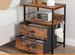 lot 54083 image: Furologee Nightstand , Bedside Table with 2 Fabric Drawers, End Table , Open Wood Shelf Side Sofa Table for BedroomLiving RoomStudyHallwayRustic Brown