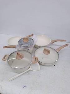 lot 54090 image: CAROTE Pots and Pans Set Nonstick, White Granite Induction Kitchen Cookware Sets, 10 Pcs Non Stick Cooking Set wFrying Pans & Saucepans(PFOS, PFOA Free)