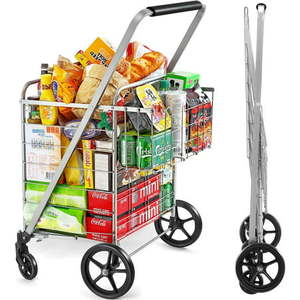 lot 54097 image: Wellmax Metal Folding Shopping Cart with Swivel Wheels and Extra Basket