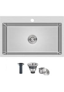 lot 54139 image: ROVATE 28 x 18 Inch Drop-in Kitchen Sink Handmade, Stainless Steel, 18 Gauge 9 Inches Deep