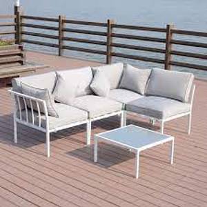 lot 47016 image: 4-Piece Steel Patio Conversation Set with Grey Cushions, Loveseat, 2 Sofa Chairs, and Coffee Table-Retail-$478.14