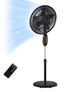 lot 1505 image: PELONIS PFS45A5BBB 18 inch 5-Blade Oscillating, Adjustable Standing Pedestal Remote, LED Display, 5 Speed Setting and 7-Hour Timer Fan, Black (B08ZRT97JM)