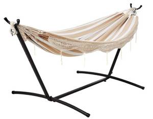 lot 1441 image: Amazonbasics Double Hammock With 9ft Space Saving Steel Stand, Beige Stripe With Lace