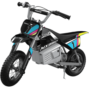 lot 1725 image: Razor Miniature Dirt Rocket MX350 Electric-Powered Dirt Bike - Black with Decal Included 24V Electric Ride-on Motocross Bike for Kids 13- Retail $328.00