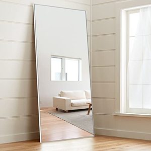 lot 1736 image: NeuType Wall Mirror Full Length Mirror, Large Mirror Full Body Dressing Mirror, Long Floor Mirror Bathroom Mirror Standing Mirror, Large Mirrors for Bedroom, Metal Frame, Silver 47x22 No Stand