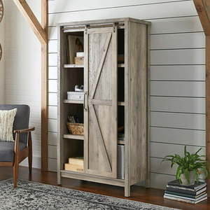 lot 5392 image: Better Homes & Gardens 66 Modern Farmhouse Bookcase Storage Cabinet Rustic Gray Finish