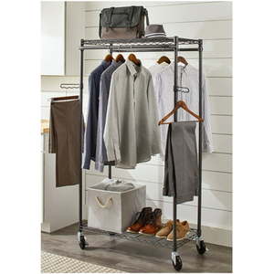 lot 5406 image: Better Homes & Gardens Double Hanging Garment Rack 38.2in Wx 23.6in Dx 66.1in H Gunmetal Finish Gray