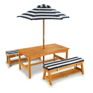 lot 5389 image: KidKraft Outdoor Wooden Table &amp Benches with Cushions &amp Umbrella Navy- Retail $189.99
