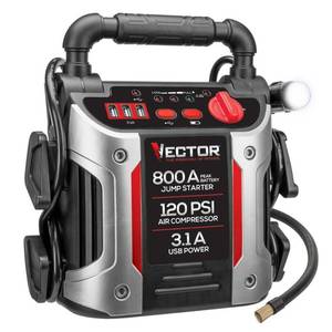 lot 3260 image: VECTOR 800 Peak Amp Jump Starter, 120 PSI Air Compressor, Three USB Charging Ports, Rechargeable