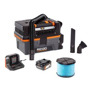 lot 3286 image: RIDGID 3 Gal. 18-Volt Cordless Handheld NXT WetDry Vacuum with Battery, Charger, Fine Dust Filter, Hose and Accessories, Grays