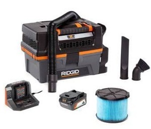lot 3309 image: RIDGID 3 Gal. 18-Volt Cordless Handheld NXT WetDry Vacuum with Battery, Charger, Fine Dust Filter, Hose and Accessories, Grays