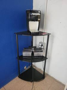lot 15572 image: 3-Tier Glass Top Corner Shelf W Contents