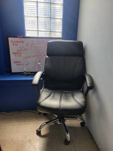 lot 15581 image: Black Rolling Office Chair W a 3ft Wooden Framed Whiteboard