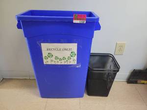 lot 15582 image: 30in Blue Recycling Bin and 2 Basket Style Trash Bins