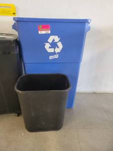 lot 15607 image: 30in Blue Recycling Bin and a Small Black Trash Bin