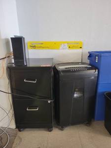 lot 15608 image: Amazon Basic Paper Shredder and a Black 2-Drawer Filing Cabinet