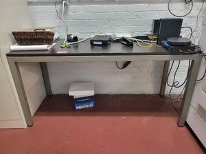 lot 15610 image: 5ft Metal Base Table W a Dark Brown Wood Laminate Top