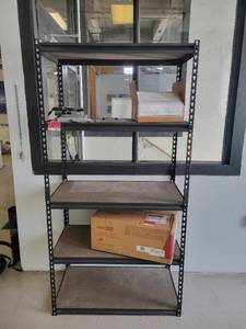 lot 15613 image: 5-Tier Black Metal Shelf W Dark Brown Laminate Shelves