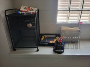 lot 15616 image: Lot of Assorted Office  School Supplies - Rolling 2 Drawer Basket Organizer, File Organizers, and More