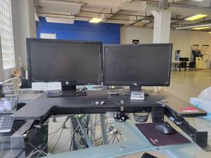 lot 15619 image: 36in Vivo Computer Stand W 2 Hp Computer Monitors