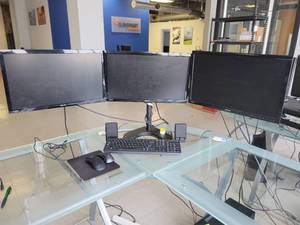 lot 15621 image: Freestanding Triple Monitor Stand W 3 Asus VS228 HDMI Computer Monitors