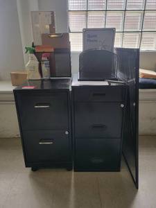 lot 15622 image: Assorted Lot of Office  School Supplies - Black Filing Cabinets, Quartet Cork Board, File Organizers, and More
