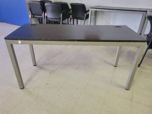 lot 15645 image: 5ft Metal Base Desk W a Dark Brown Wood Laminate Work Top