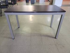 lot 15651 image: 4ft Metal Base Table W a Dark Brown Wood Laminate Top