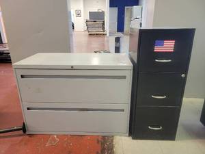 lot 15655 image: Light Gray Horizontal 2-Drawer Filing Cabinet and a Black 3-Drawer Lateral Filing Cabinet
